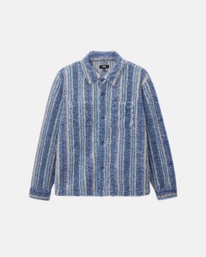 Stussy Gestreift Sherpa Shirts Indigo | 83795-OEJY