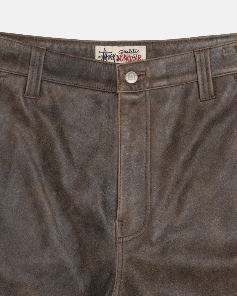 Stussy Arbeits Pant Distressed Leder Hose Braun | 26937-YAZM