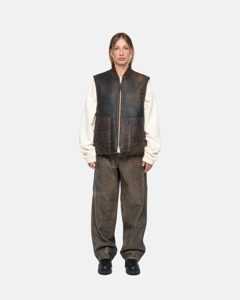 Stussy Arbeits Pant Distressed Leder Hose Braun | 26937-YAZM