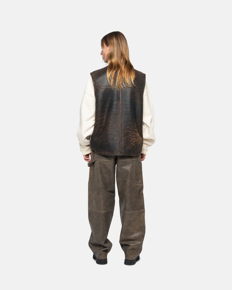 Stussy Arbeits Pant Distressed Leder Hose Braun | 26937-YAZM