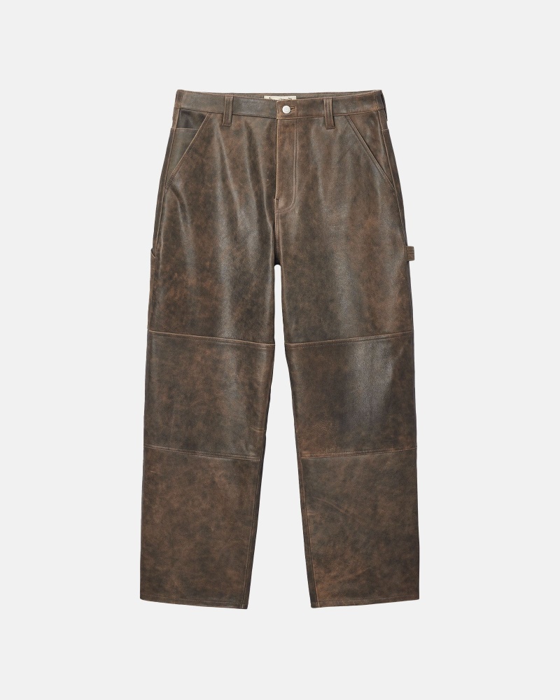 Stussy Arbeits Pant Distressed Leder Hose Braun | 26937-YAZM