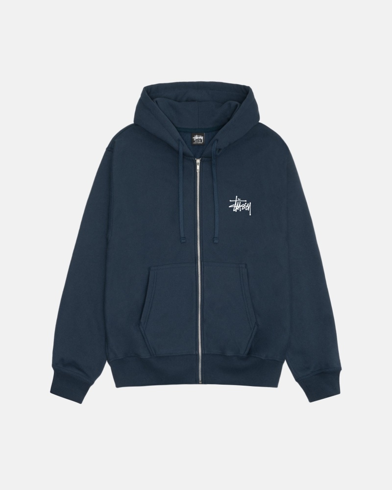 Stussy Basic Zip Hoodie Navy | 20914-ZTVJ