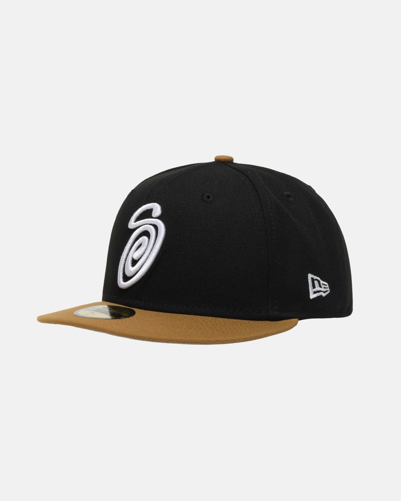 Stussy New Era 59fifty Curly S Hüte Schwarz Gold | 64135-WKXD