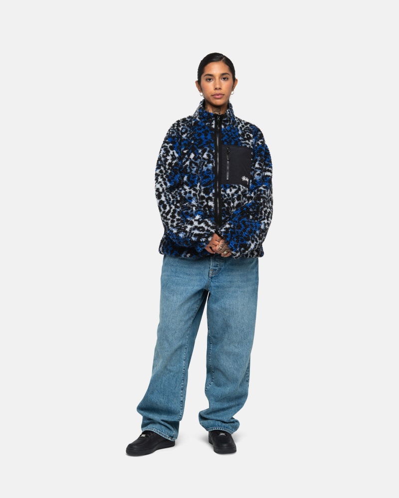 Stussy Sherpa Reversible Jacken Blau Leopard | 02978-UBYV