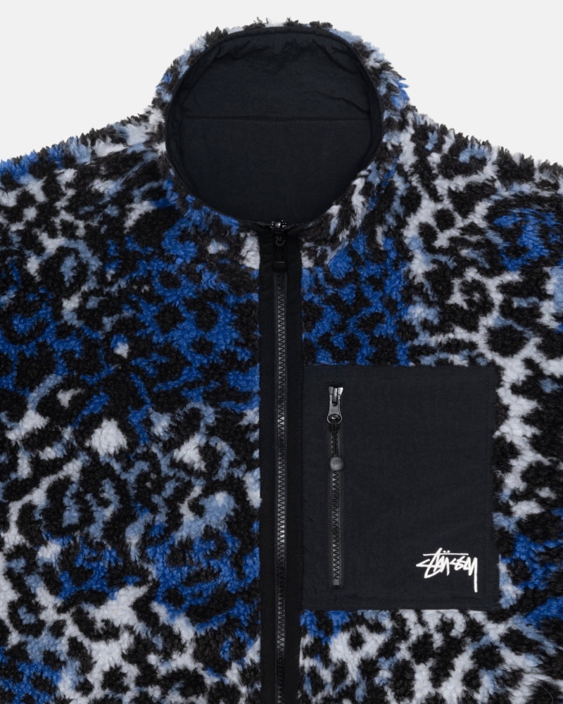 Stussy Sherpa Reversible Jacken Blau Leopard | 02978-UBYV