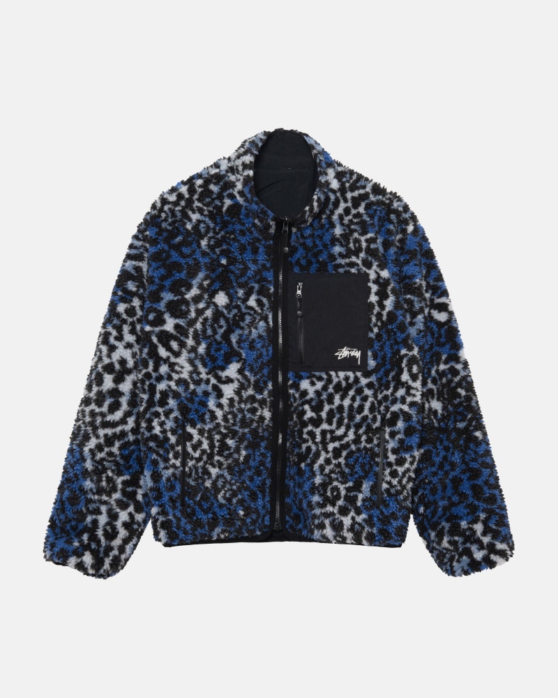 Stussy Sherpa Reversible Jacken Blau Leopard | 02978-UBYV