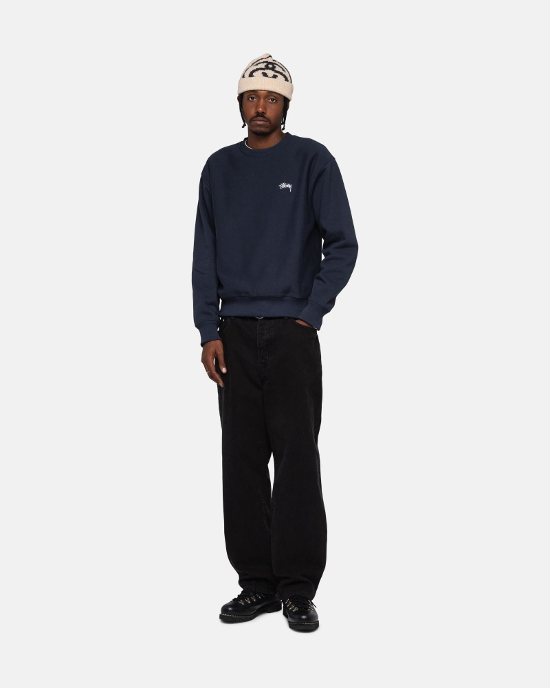 Stussy Stock Logo Crew Sweatshirts Navy | 06247-UNRZ