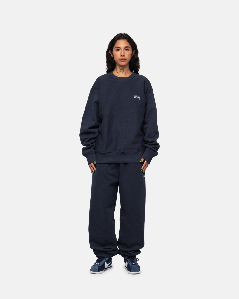 Stussy Stock Logo Crew Sweatshirts Navy | 06247-UNRZ