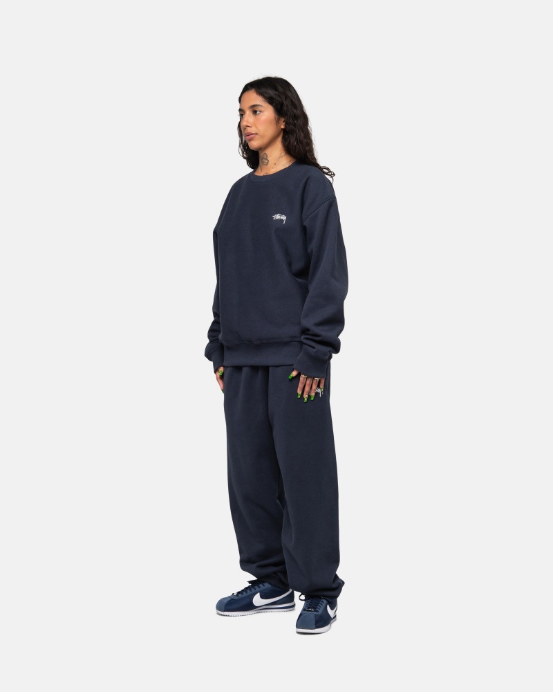 Stussy Stock Logo Crew Sweatshirts Navy | 06247-UNRZ